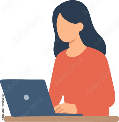 Modern flat design illustration of a woman at her desk typing on a laptop, symbolizing remote work, online education, or a freelance business