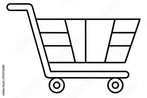 Simple black and white line drawing of a shopping cart for retail purchases