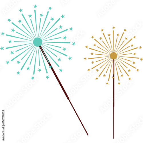 Sparkling fireworks display with teal and gold bursts on a transparent background creating a festive and celebratory atmosphere with radiating light patterns