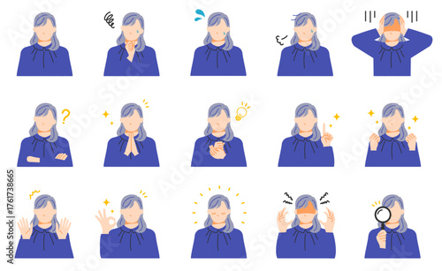 オフィスで働く若い女性の表情イラストセット。フラットデザイン。