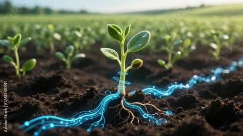 Smart farming precision agriculture young plant seedling sprout soil roots technology innovation sustainability eco agriculture farm field crop fresh