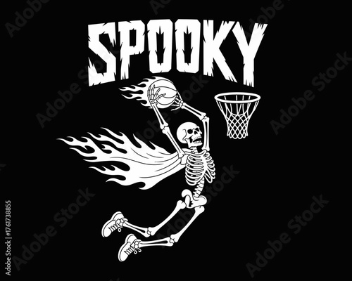Spooky Skeleton Dunking Basketball Black and White