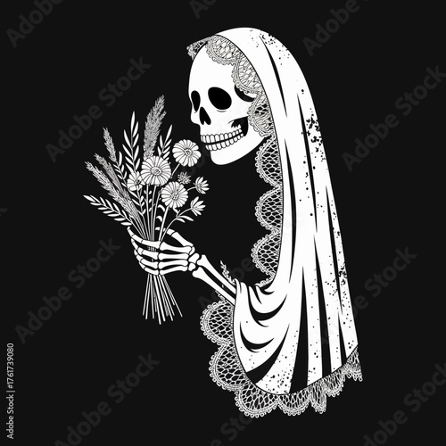 Lace Veil Skull with Flowers, Dia de los Muertos