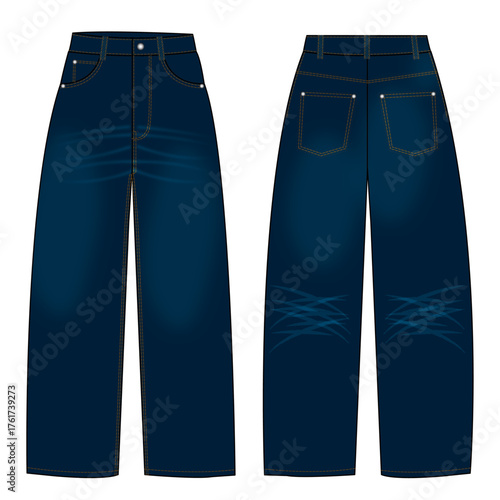 Technical Flat Sketch of Men's Dark Denim Carrot Fit Jeans with Whiskering