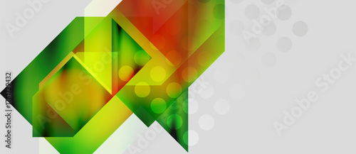 Abstract geometric shapes, vibrant green, orange hues. Modern design with subtle gradients, light effects, gray background.