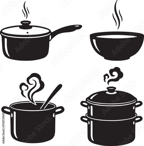 Steaming Cooking Pots and Pans Icon Set  Kitchen Utensil Graphic