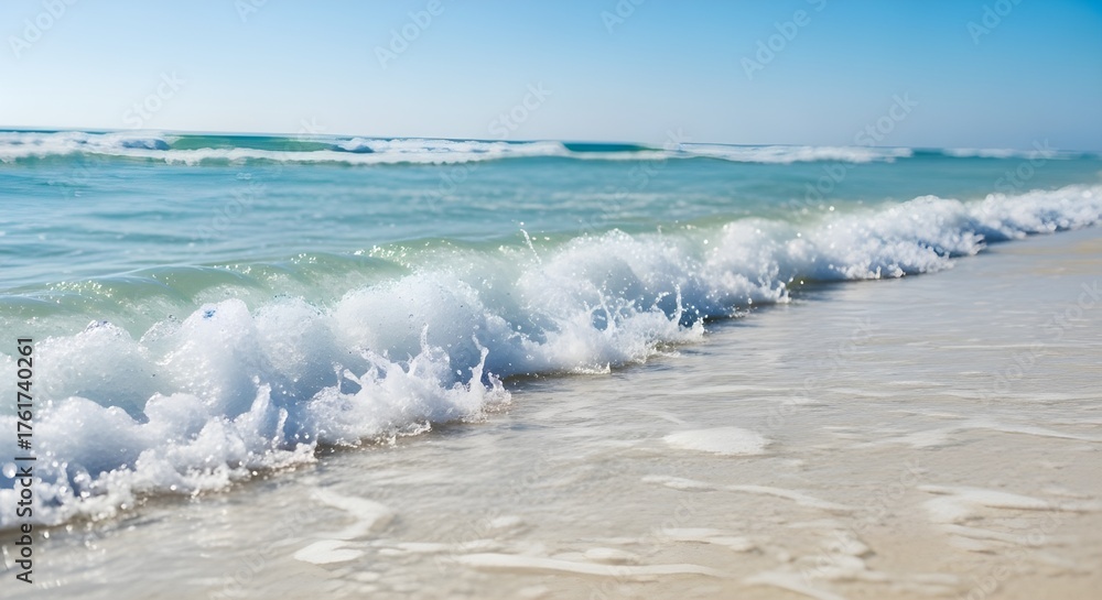 Fototapeta premium Gentle Waves Breaking on a Sandy Beach Under a Clear Blue Sky