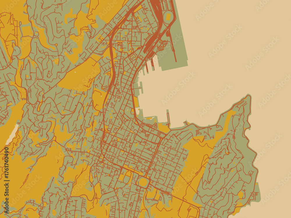 Naklejka premium Contemporary flat map of Wellington center, New Zealand design with muted sage base, rust-colored roads, and soft ochre highlights.