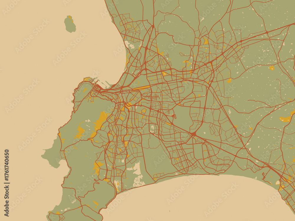 Fototapeta premium Flat painterly map of Cape Town, South Africa in olive backdrop with warm rust street network and ochre blocks.