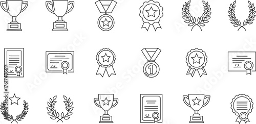 Trophy, Awards, and Certificate Line Icons Set