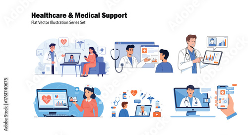 A collection of vector illustrations depicting online healthcare and medical support, featuring doctors consulting with patients remotely via various digital devices.