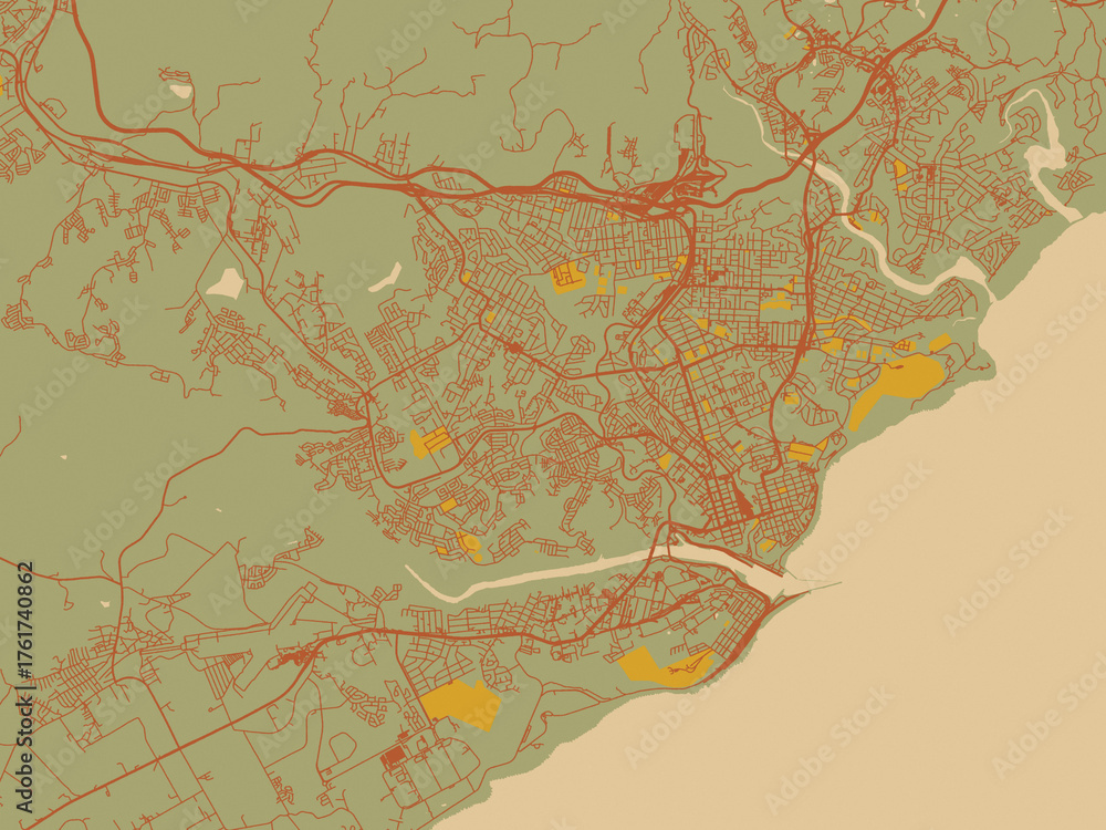 Obraz premium Decorative flat city map of East London, South Africa using sage/olive tone field with rust networks and ochre shapes, cream water.
