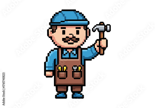 Pixel Art Carpenter with Hammer Retro Construction Worker Illustration.