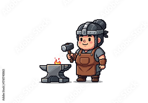 Pixel Art Blacksmith Working at Anvil with Hammer.