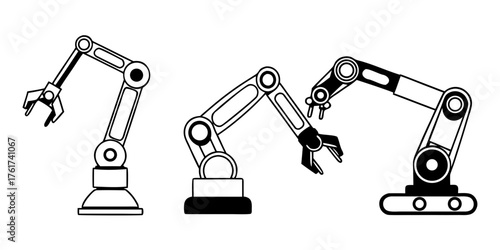Three robotic arms in different poses, black and white, industrial automation and manufacturing theme image on transparent background