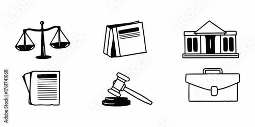 Illustration of legal symbols including scales of justice, books, courthouse, documents, gavel, and briefcase on transparent background