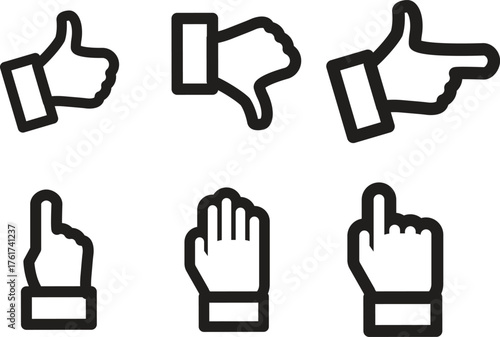set of hand gesture icons including thumbs up, thumbs down, pointing fingers, and open palm symbolizing feedback, approval, disapproval, direction, selection, interaction, user experience.