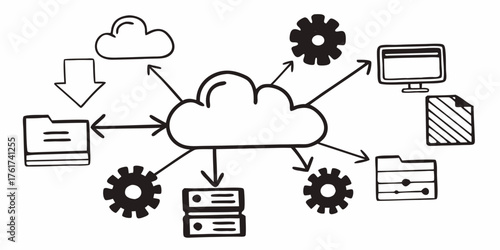 Doodle style cloud computing diagram with connected devices and services in black and white design concept on transparent background