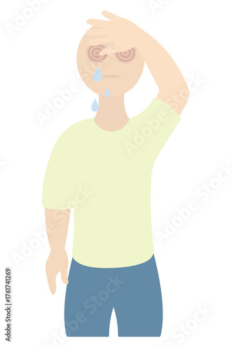 A patient has conjunctivitis and a headache. Dark circles under the eyes and dripping tears. Color vector illustration. The patient wipes away tears with his hand. Isolated on white background. 