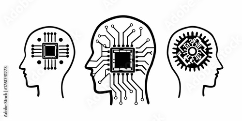 Three head silhouettes with integrated circuit designs representing artificial intelligence concepts idea on transparent background