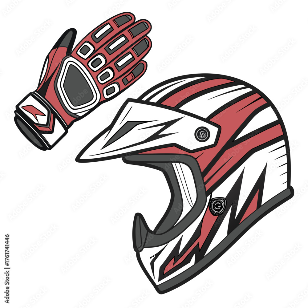 Obraz premium A dynamic illustration of a red and white striped motocross helmet and a matching racing glove symbolizing protection and speed in extreme sports