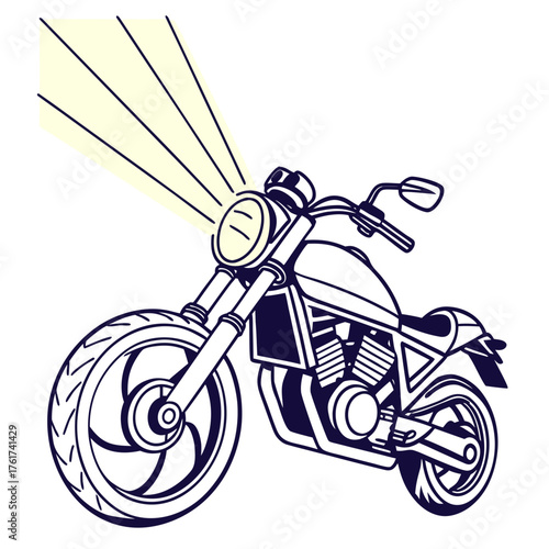 A dynamic illustration of a classic motorcycle with its headlight illuminated casting bright beams of light forward symbolizing speed and adventure on the open road