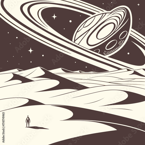A lone explorer stands on a desolate alien planet s sandy dunes gazing up at a colossal ringed planet dominating the starry night sky above