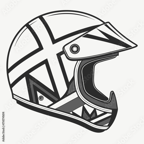 A stylized graphic illustration of a modern motocross helmet featuring a bold geometric black and white design with a prominent visor and chin guard perfect for action sports branding and apparel