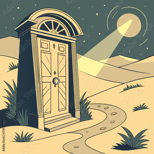 A solitary ornate doorway stands in a surreal desert landscape under a starry night sky with a bright moon casting a dramatic spotlight on the path leading to the entrance