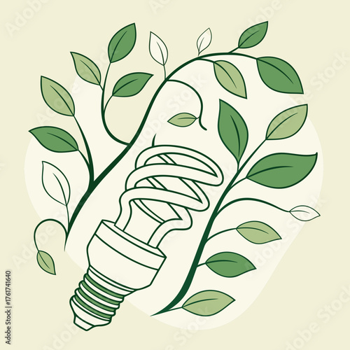 A stylized illustration of a compact fluorescent light bulb intertwined with green leaves and branches symbolizing eco friendly energy and environmental sustainability