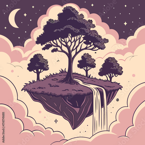 A surreal and magical floating island with a waterfall cascading into the clouds under a starry night sky with a crescent moon and whimsical pink clouds surrounding the scene