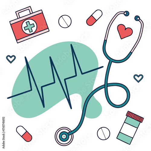 A vibrant and charming flat design illustration featuring essential medical symbols like a stethoscope first aid kit heartbeat ekg line pills and hearts conveying health and care