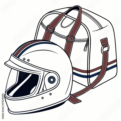 A vintage style motorcycle helmet and a duffel bag with brown straps and blue and brown stripes perfect for travel and adventure