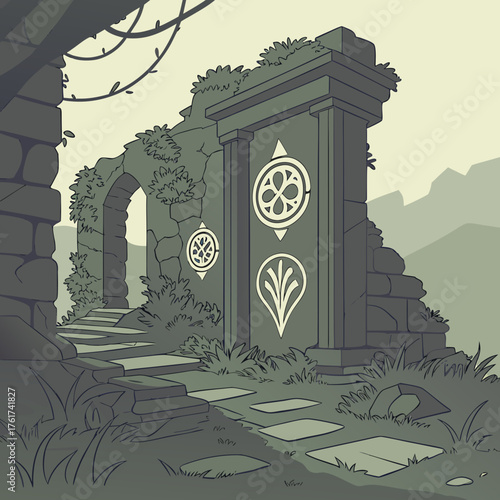Ancient overgrown stone archway and monument with mystical symbols leading to a pathway through lush vegetation and distant mountains under a pale sky