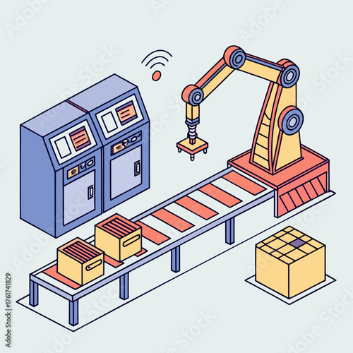 Automated factory production line with robotic arm conveyor belt control panel and boxes illustrating modern industrial automation and smart manufacturing processes in a clean isometric style