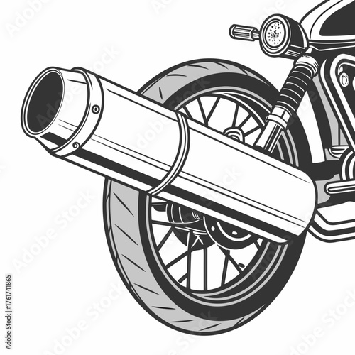 Close up stylized illustration of a vintage motorcycle rear wheel and exhaust pipe in black and white vector art on a white background