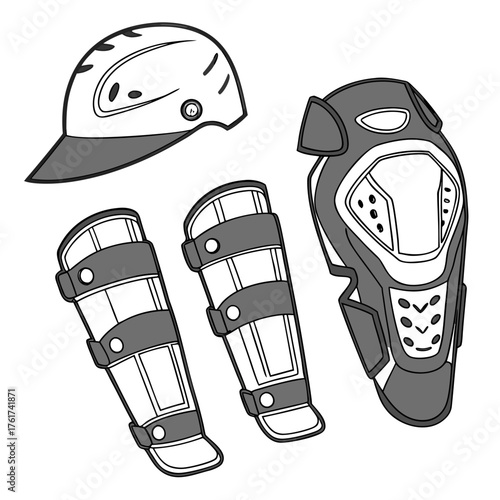 Collection of protective sports gear including a helmet knee pads and shin guards presented in a clean graphic illustration style on a white background perfect for safety and sports themes