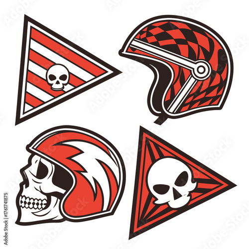 Collection of stylized skull and helmet graphics featuring bold red and black designs perfect for motorcycle enthusiasts rock and roll themes or edgy branding