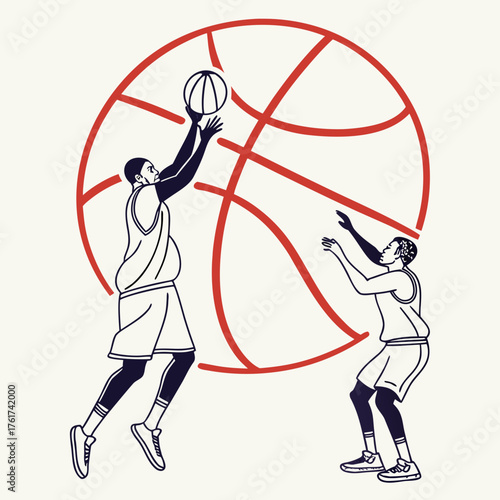 Dynamic illustration of a basketball player shooting a ball with another player defending against a large red basketball net in the background symbolizing competition and sport