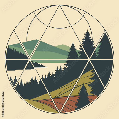 Geometric illustration of a serene mountain lake and forest landscape with rolling hills framed within a circular geodesic dome structure composed of triangles and arcs