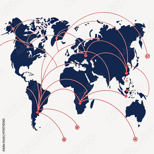 Global network of connections and trade routes visualized on a dark blue world map with red lines connecting various locations and abstract symbols representing destinations or hubs