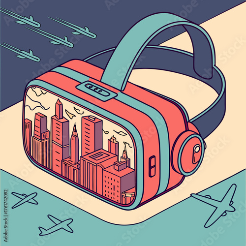Immersive virtual reality headset displays a vibrant cityscape with airplanes flying in the background representing digital exploration and future technology