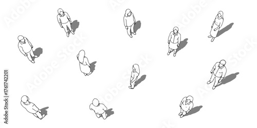 CAD Drawings. Set of people isolated on white background. standing. Top view. Vector illustration.