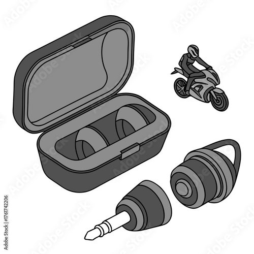 Motorcycle rider wearing protective gear with earplugs and charging case for hearing protection during high speed travel