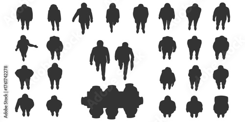CAD Drawings. Silhouette Set people isolated on white background. standing, walking, sitting. Top view. Vector illustration.