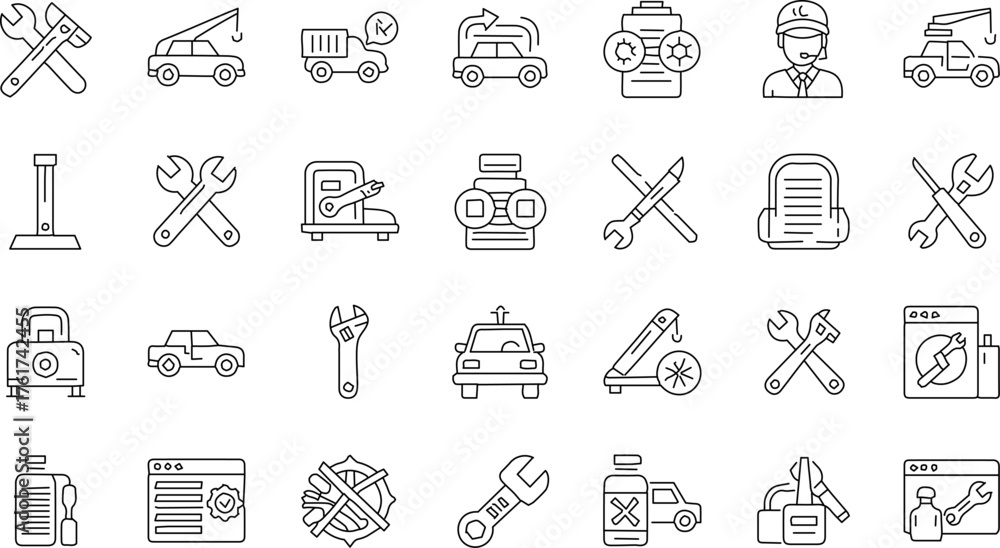 Naklejka premium Automotive Service, Car Repair, and Mechanic Line Icons Set