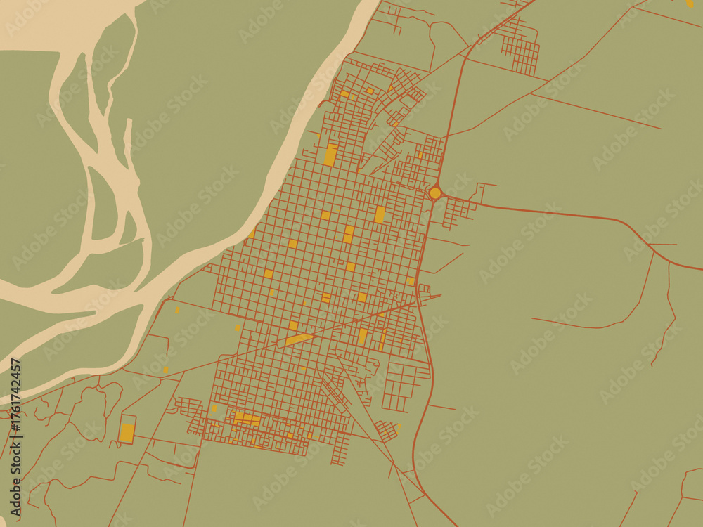 Fototapeta premium Flat painterly map of Goya, Argentina in sage/olive tone field with rust networks and ochre shapes, cream water.