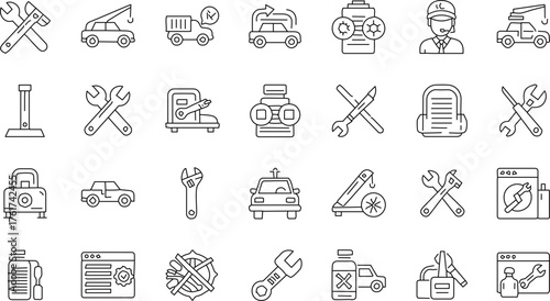 Automotive Service, Car Repair, and Mechanic Line Icons Set