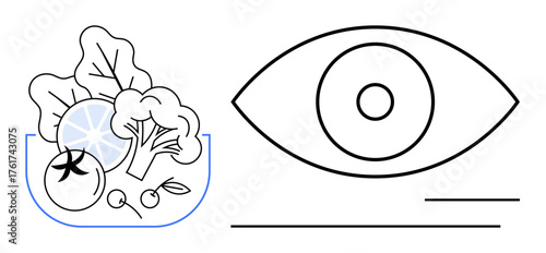 Bowl with vegetables thumbs up lettuce, broccoli, lemon, tomato, and cherries next to an eye outline. Ideal for health, nutrition, wellness, eyesight care diet programs organic food and balance
