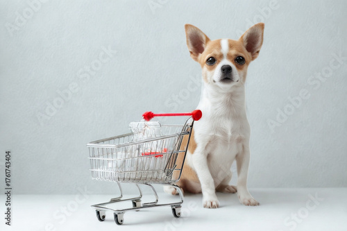 Chihuahua dog sits next to a miniature shopping cart